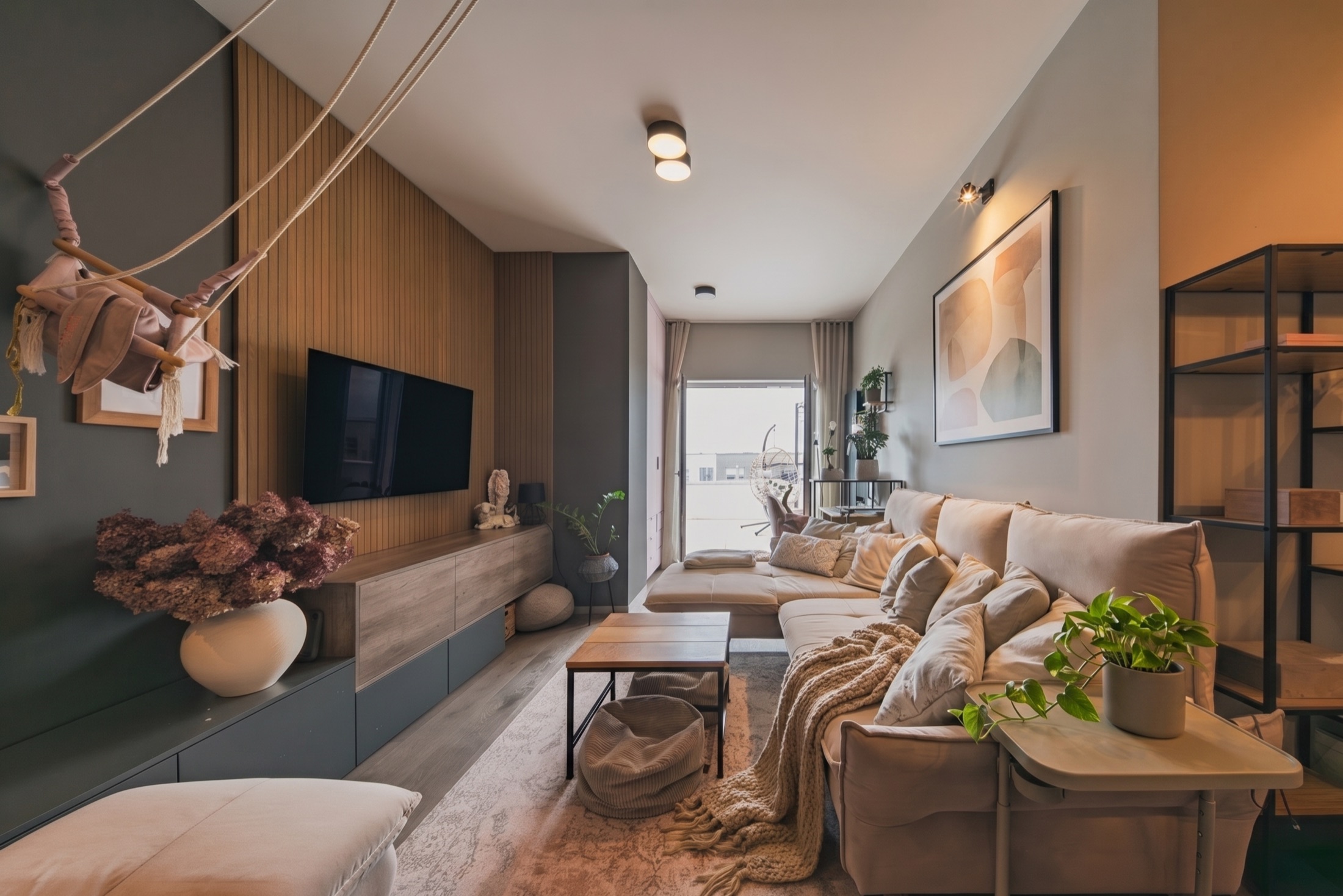 Salon apartamentu z wyjściem na taras